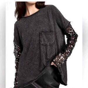 FP- Sequin Sleeve Black Top